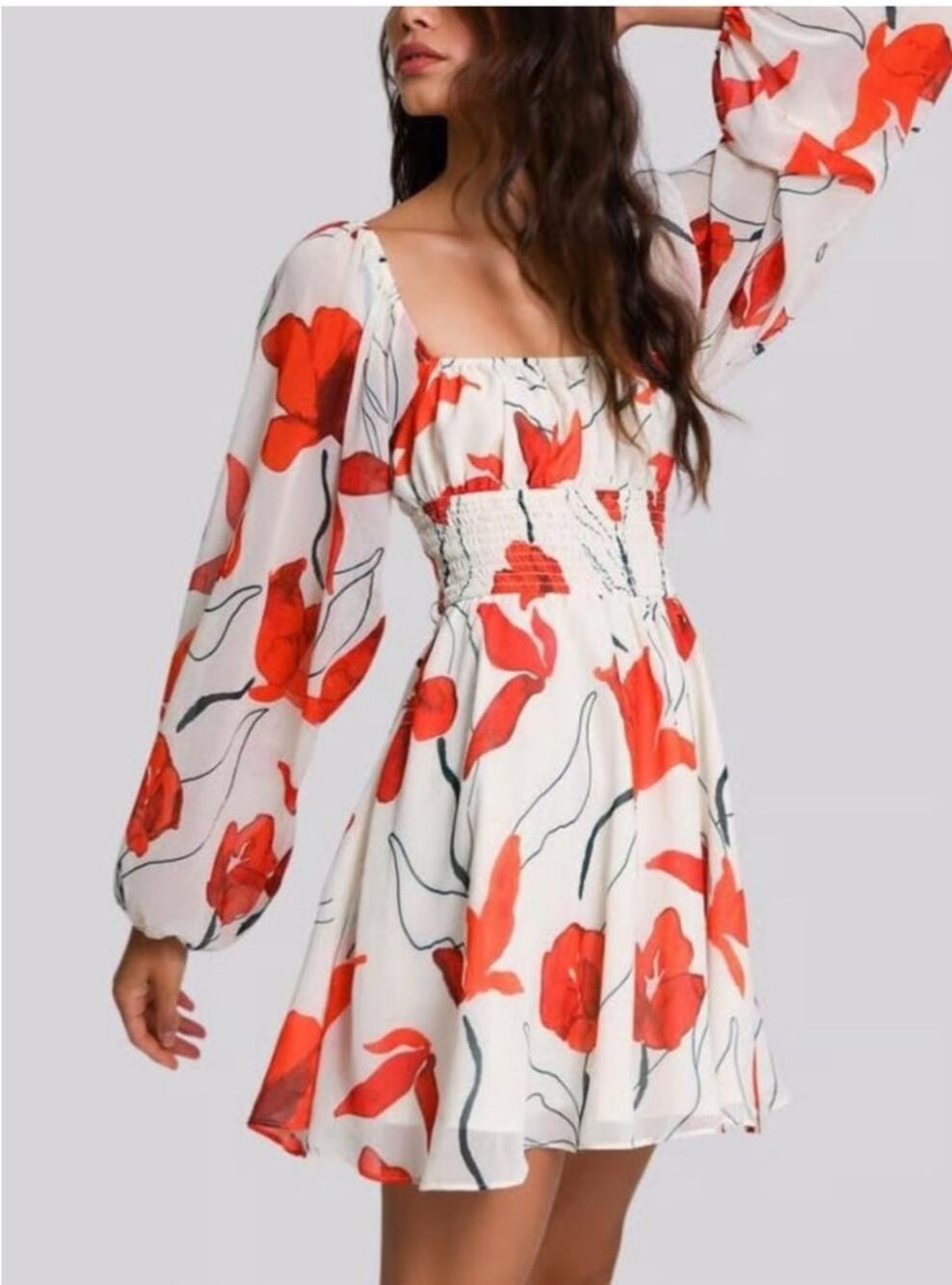 Hutch‎ Bertie Red Poppy Chiffon Mini Dress Square Neck Long Sleeve Size M NWT